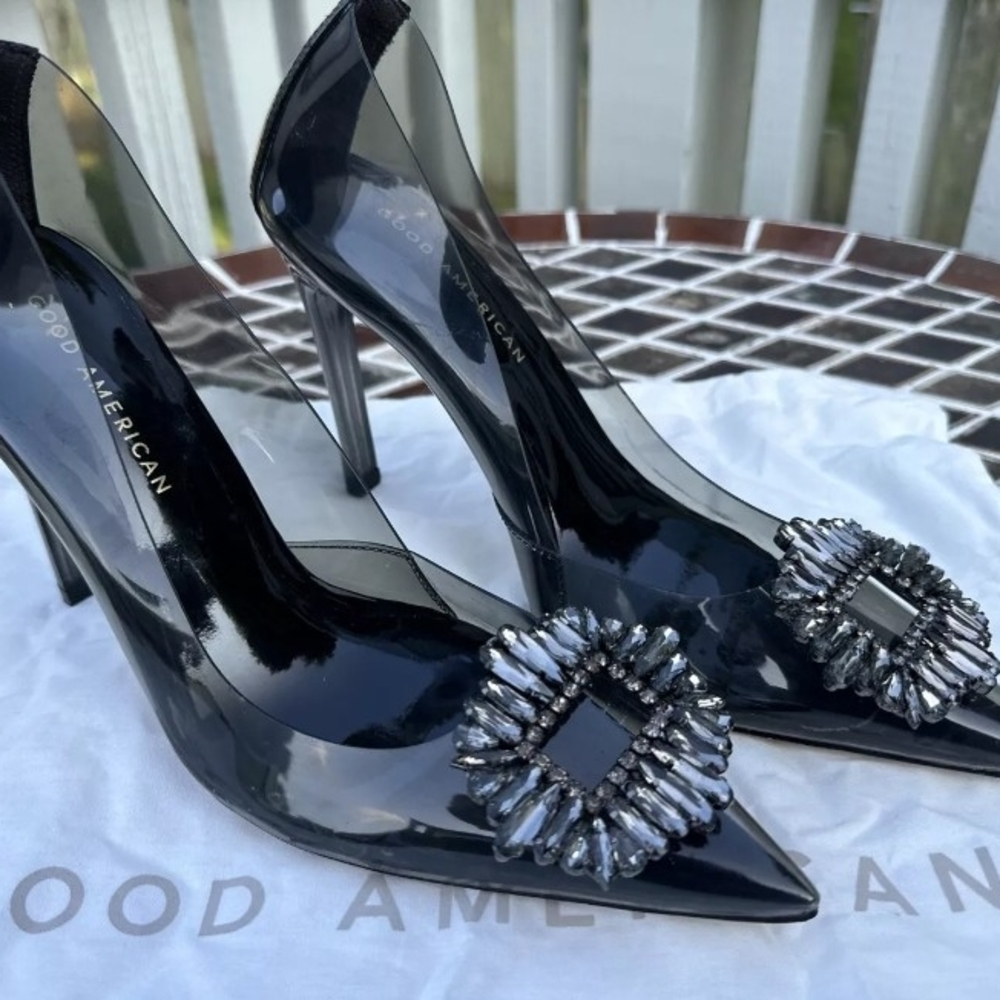 Good American Black Heels with Ornate Embellishment and High Stiletto